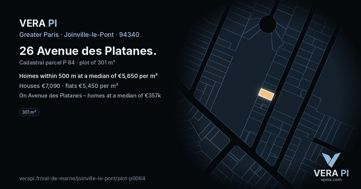 26 Avenue des Platanes, Joinville-le-Pont at night – the plot lit, the parcels around coloured by the prices near them