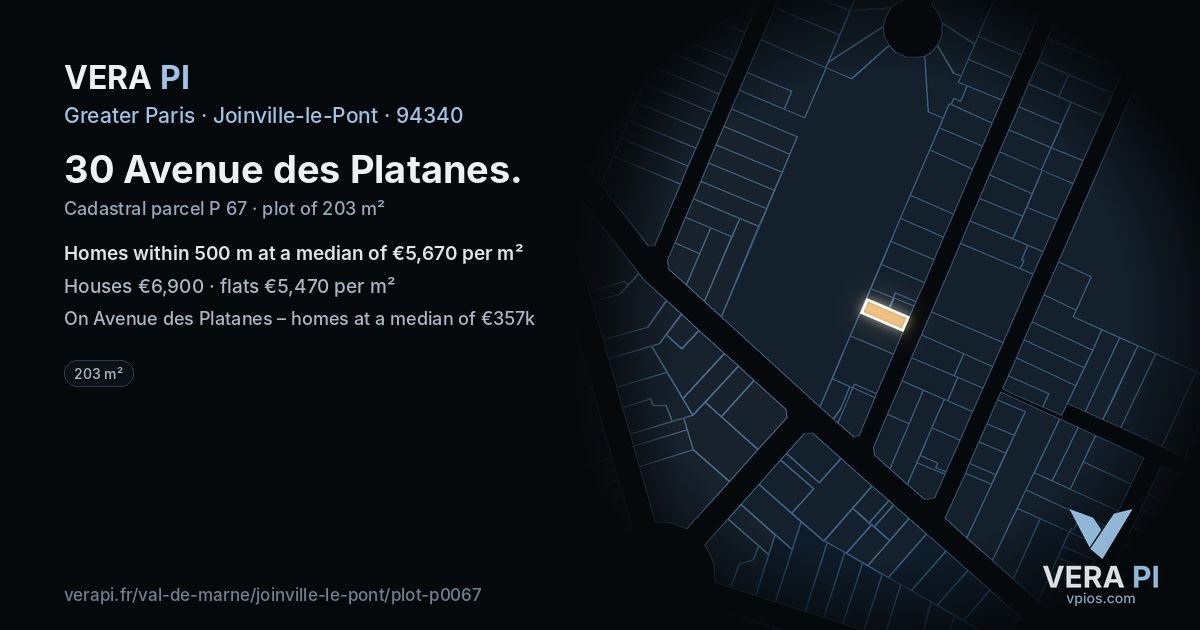 30 Avenue des Platanes, Joinville-le-Pont at night – the plot lit, the parcels around coloured by the prices near them
