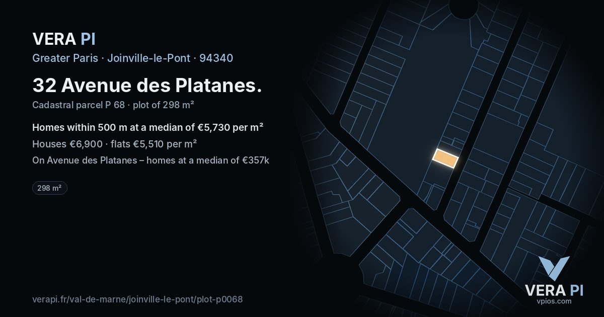 32 Avenue des Platanes, Joinville-le-Pont at night – the plot lit, the parcels around coloured by the prices near them