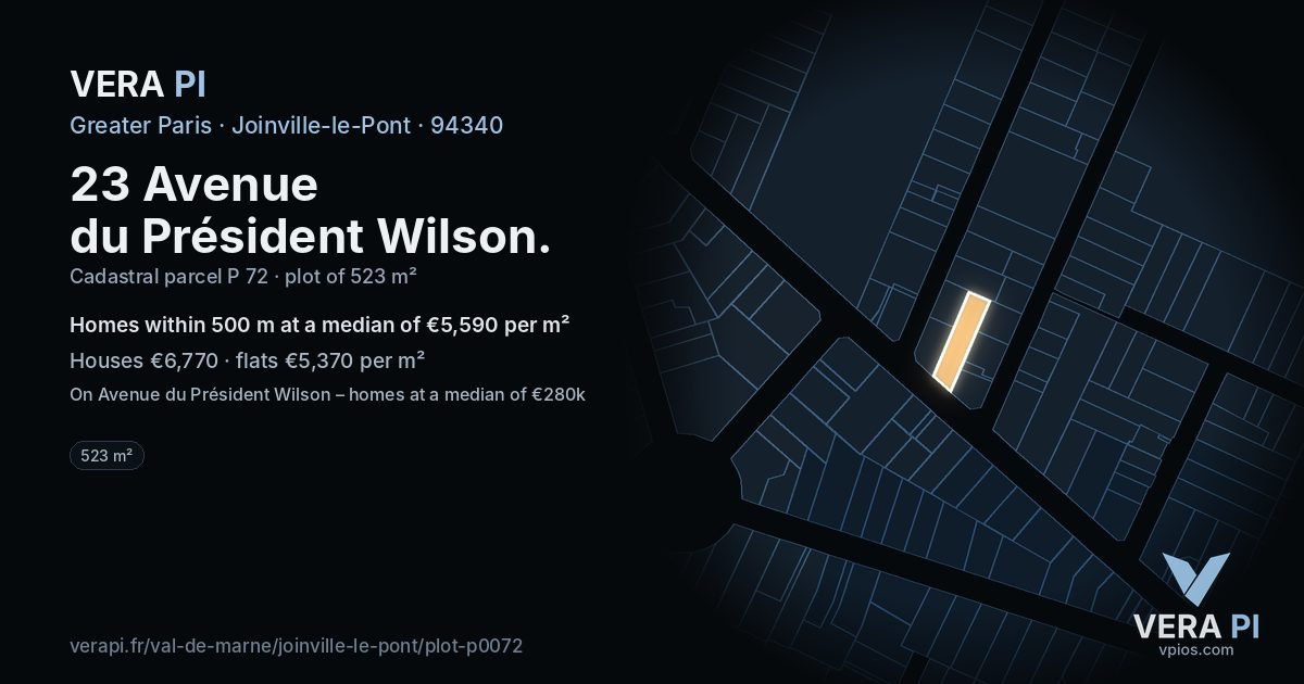 23 Avenue du Président Wilson, Joinville-le-Pont at night – the plot lit, the parcels around coloured by the prices near them