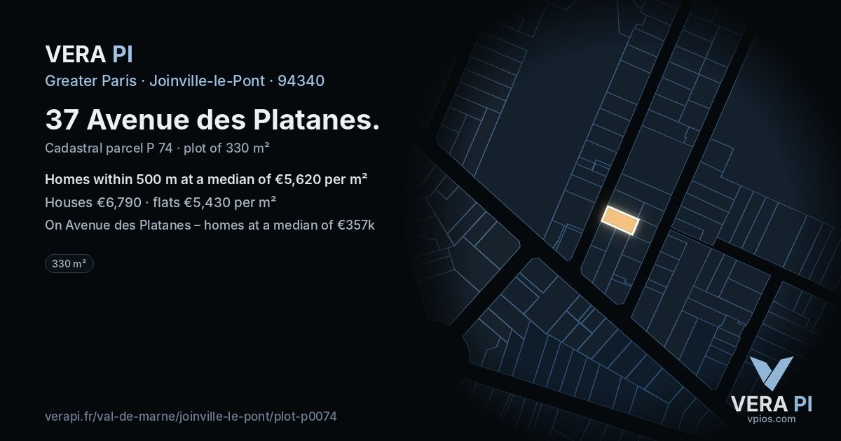 37 Avenue des Platanes, Joinville-le-Pont at night – the plot lit, the parcels around coloured by the prices near them