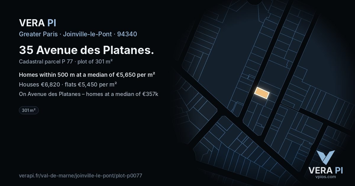 35 Avenue des Platanes, Joinville-le-Pont at night – the plot lit, the parcels around coloured by the prices near them