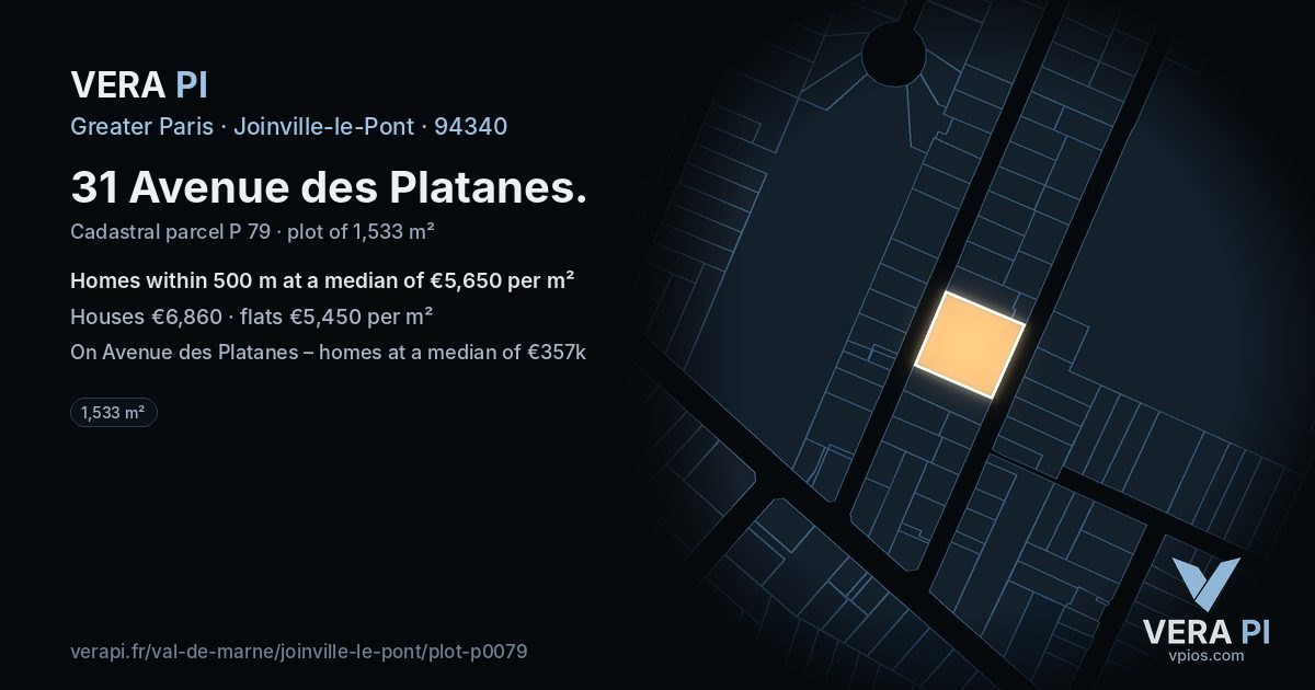 31 Avenue des Platanes, Joinville-le-Pont at night – the plot lit, the parcels around coloured by the prices near them