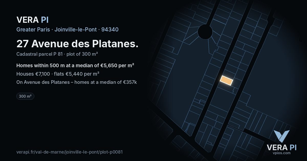 27 Avenue des Platanes, Joinville-le-Pont at night – the plot lit, the parcels around coloured by the prices near them