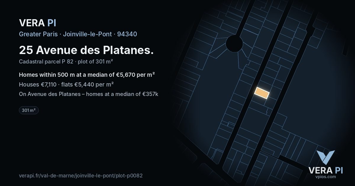 25 Avenue des Platanes, Joinville-le-Pont at night – the plot lit, the parcels around coloured by the prices near them