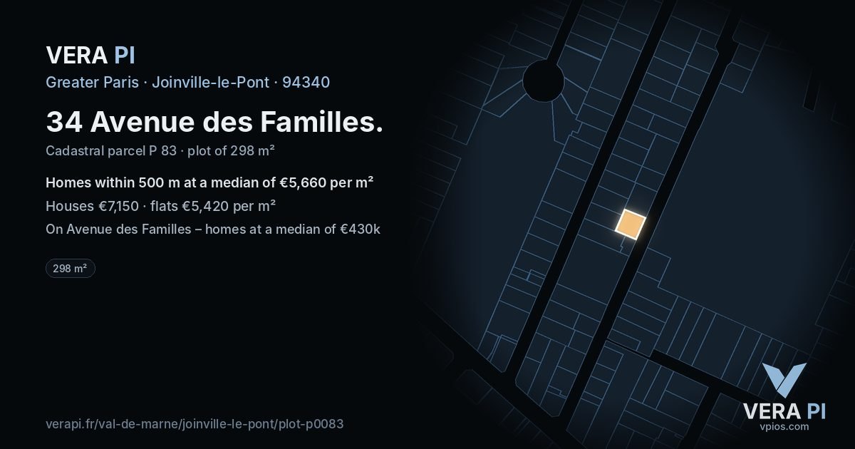 34 Avenue des Familles, Joinville-le-Pont at night – the plot lit, the parcels around coloured by the prices near them