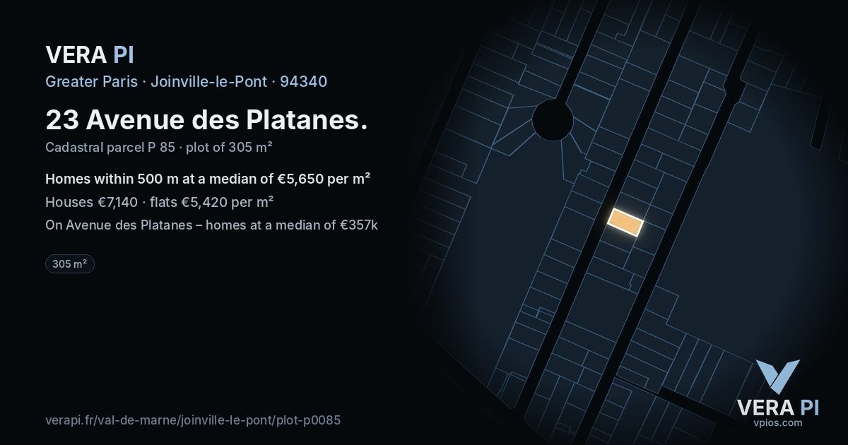 23 Avenue des Platanes, Joinville-le-Pont at night – the plot lit, the parcels around coloured by the prices near them