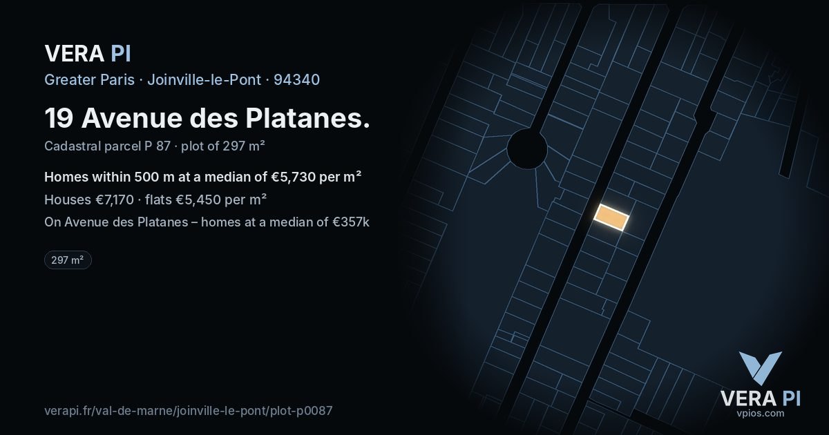 19 Avenue des Platanes, Joinville-le-Pont at night – the plot lit, the parcels around coloured by the prices near them