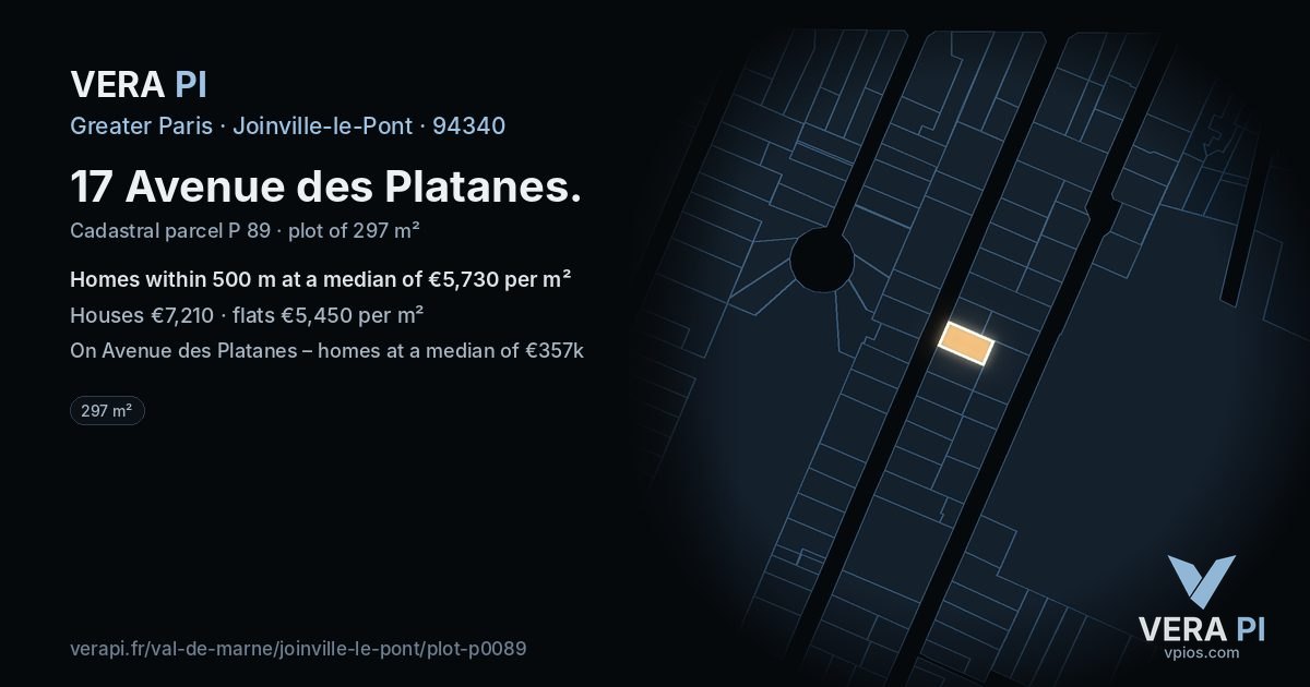 17 Avenue des Platanes, Joinville-le-Pont at night – the plot lit, the parcels around coloured by the prices near them