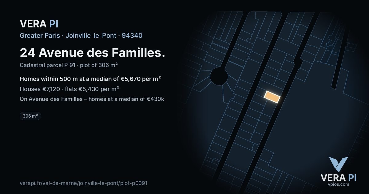 24 Avenue des Familles, Joinville-le-Pont at night – the plot lit, the parcels around coloured by the prices near them