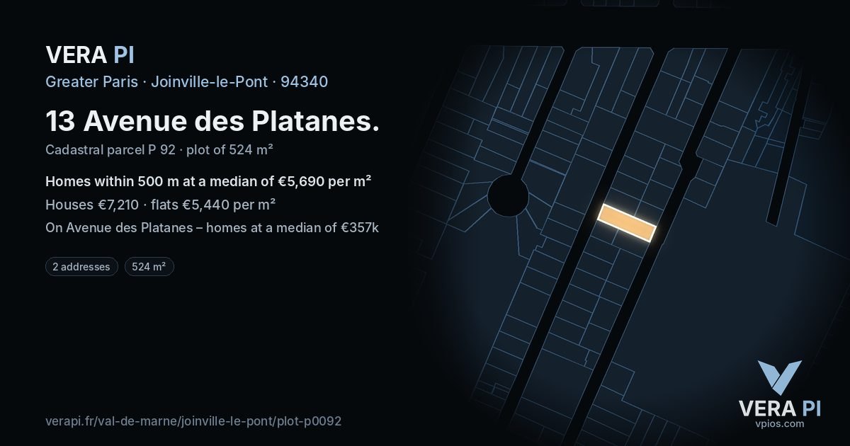 13 Avenue des Platanes, Joinville-le-Pont at night – the plot lit, the parcels around coloured by the prices near them