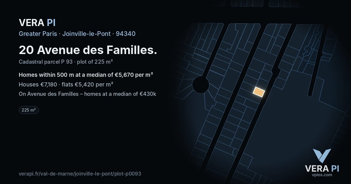 20 Avenue des Familles, Joinville-le-Pont at night – the plot lit, the parcels around coloured by the prices near them