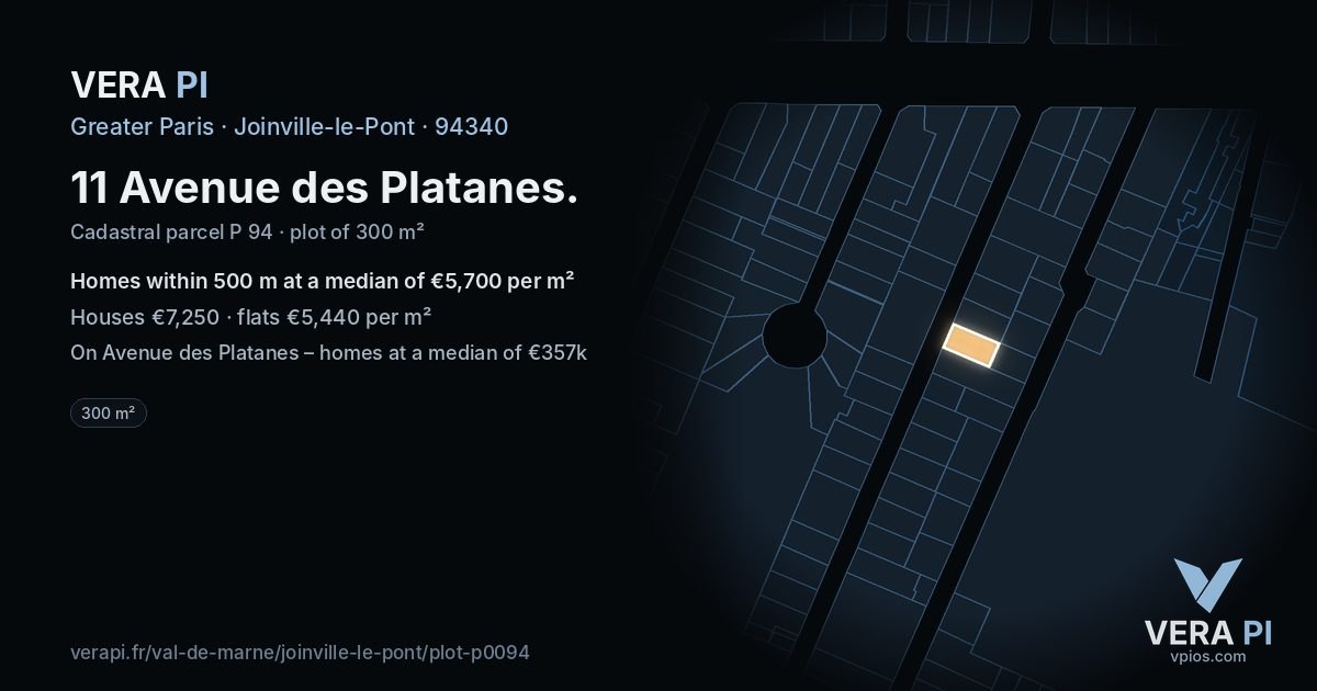 11 Avenue des Platanes, Joinville-le-Pont at night – the plot lit, the parcels around coloured by the prices near them