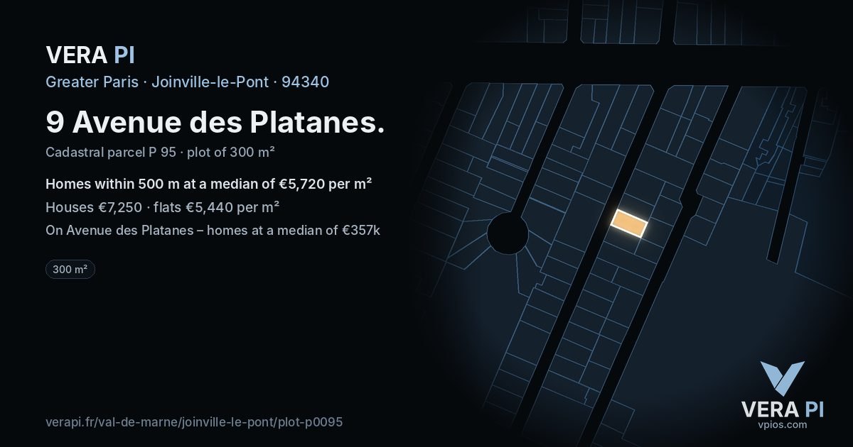 9 Avenue des Platanes, Joinville-le-Pont at night – the plot lit, the parcels around coloured by the prices near them