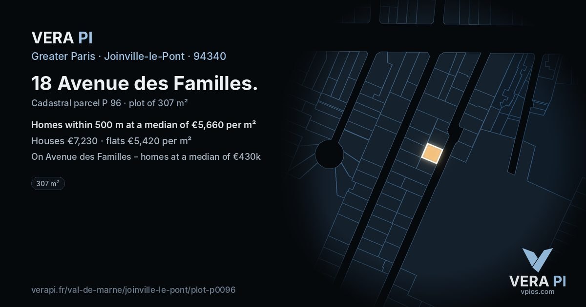 18 Avenue des Familles, Joinville-le-Pont at night – the plot lit, the parcels around coloured by the prices near them