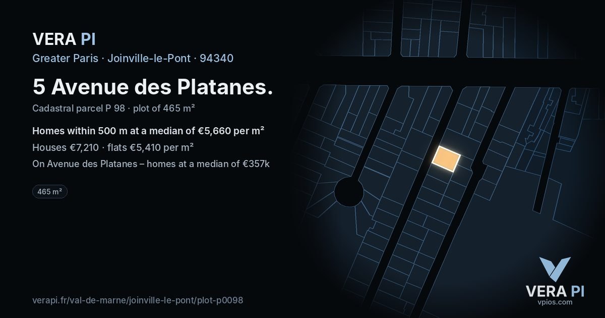 5 Avenue des Platanes, Joinville-le-Pont at night – the plot lit, the parcels around coloured by the prices near them