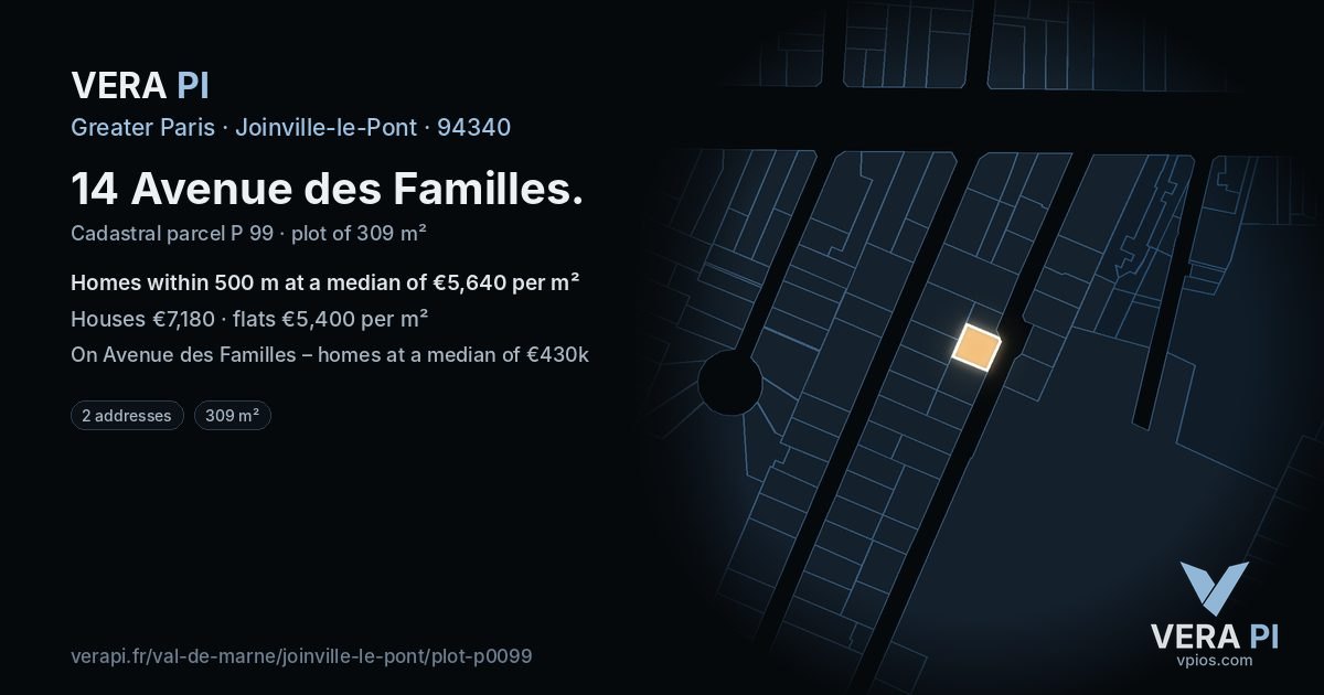 14 Avenue des Familles, Joinville-le-Pont at night – the plot lit, the parcels around coloured by the prices near them