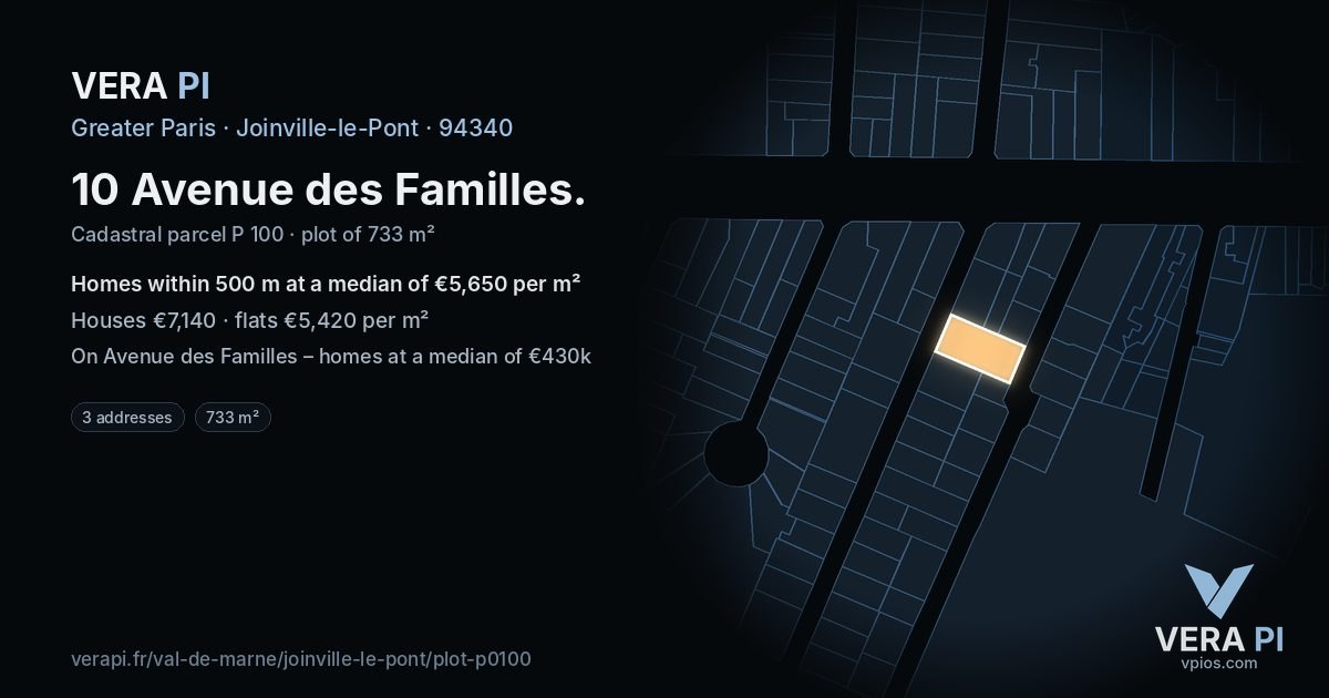 10 Avenue des Familles, Joinville-le-Pont at night – the plot lit, the parcels around coloured by the prices near them