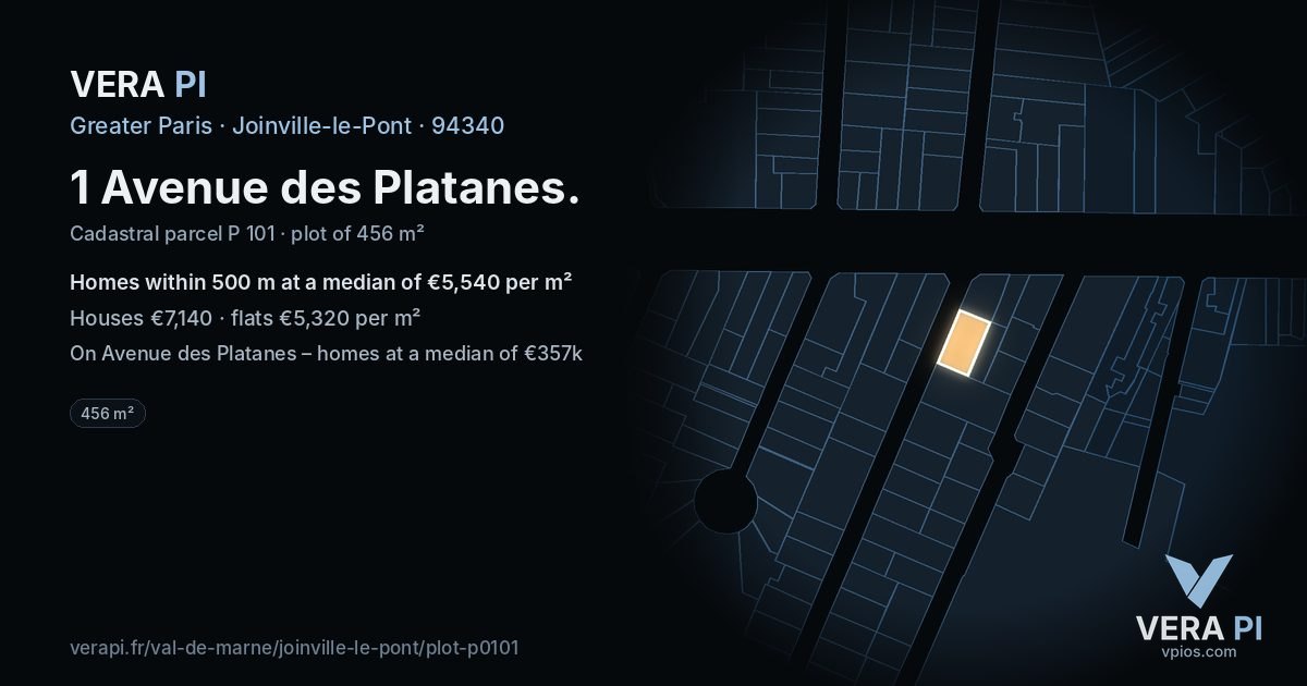 1 Avenue des Platanes, Joinville-le-Pont at night – the plot lit, the parcels around coloured by the prices near them