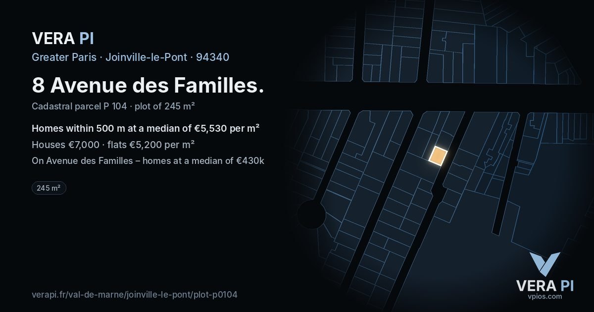 8 Avenue des Familles, Joinville-le-Pont at night – the plot lit, the parcels around coloured by the prices near them