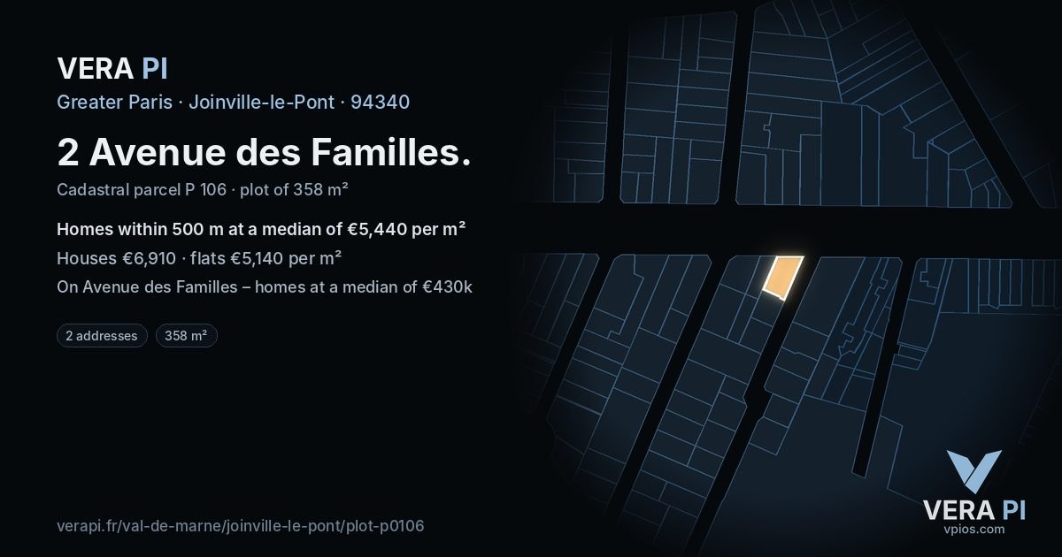2 Avenue des Familles, Joinville-le-Pont at night – the plot lit, the parcels around coloured by the prices near them