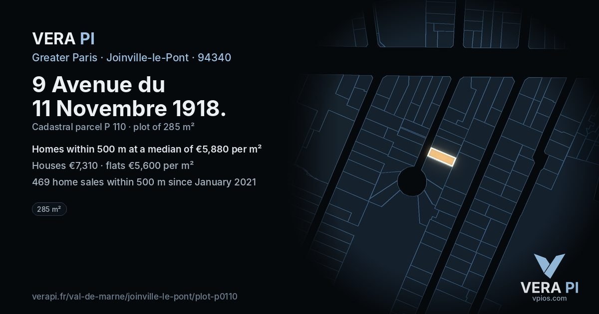9 Avenue du 11 Novembre 1918, Joinville-le-Pont at night – the plot lit, the parcels around coloured by the prices near them
