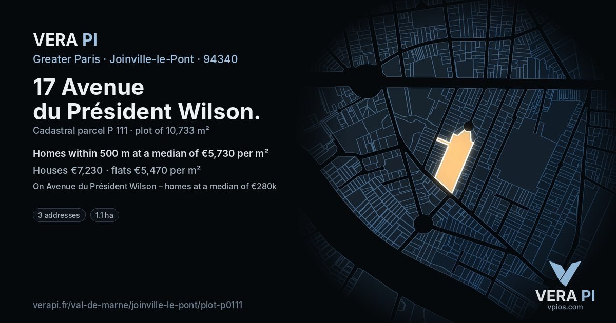 17 Avenue du Président Wilson, Joinville-le-Pont at night – the plot lit, the parcels around coloured by the prices near them