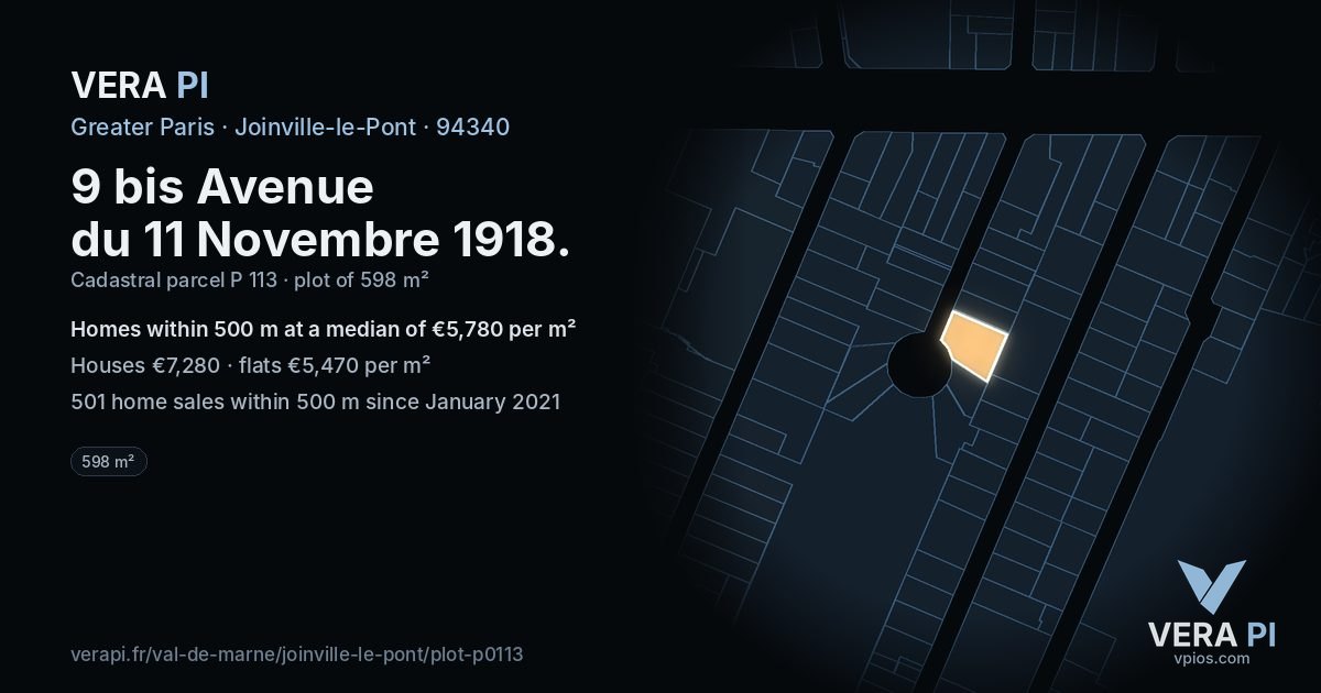 9 bis Avenue du 11 Novembre 1918, Joinville-le-Pont at night – the plot lit, the parcels around coloured by the prices near them