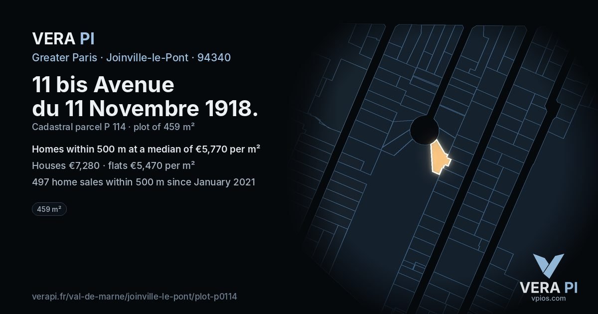 11 bis Avenue du 11 Novembre 1918, Joinville-le-Pont at night – the plot lit, the parcels around coloured by the prices near them