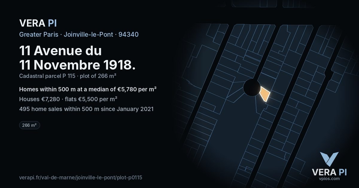 11 Avenue du 11 Novembre 1918, Joinville-le-Pont at night – the plot lit, the parcels around coloured by the prices near them