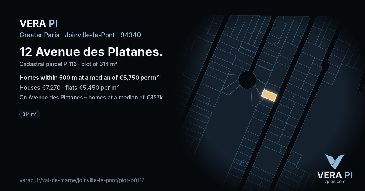 12 Avenue des Platanes, Joinville-le-Pont at night – the plot lit, the parcels around coloured by the prices near them