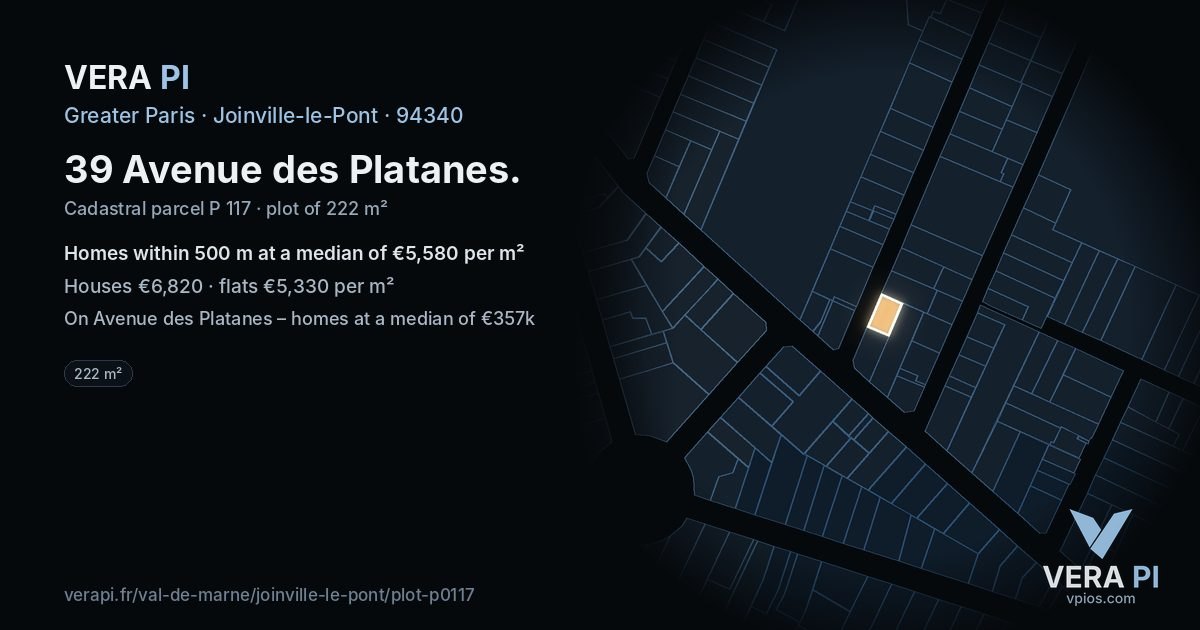 39 Avenue des Platanes, Joinville-le-Pont at night – the plot lit, the parcels around coloured by the prices near them