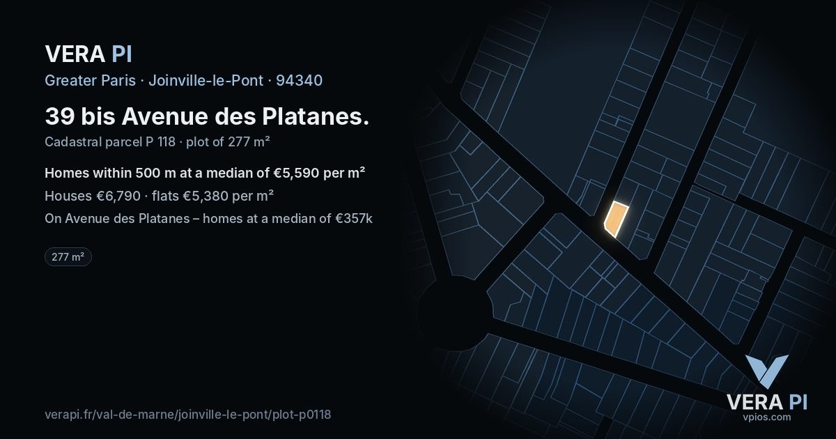39 bis Avenue des Platanes, Joinville-le-Pont at night – the plot lit, the parcels around coloured by the prices near them