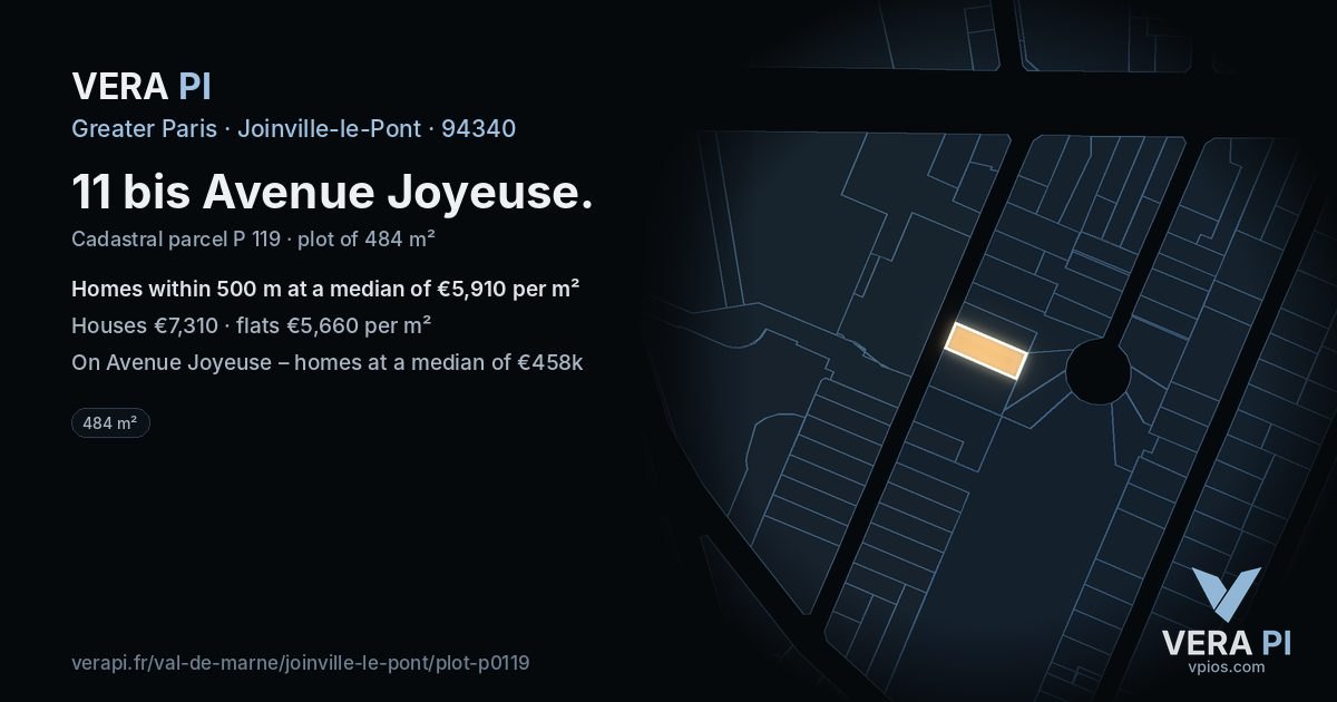 11 bis Avenue Joyeuse, Joinville-le-Pont at night – the plot lit, the parcels around coloured by the prices near them