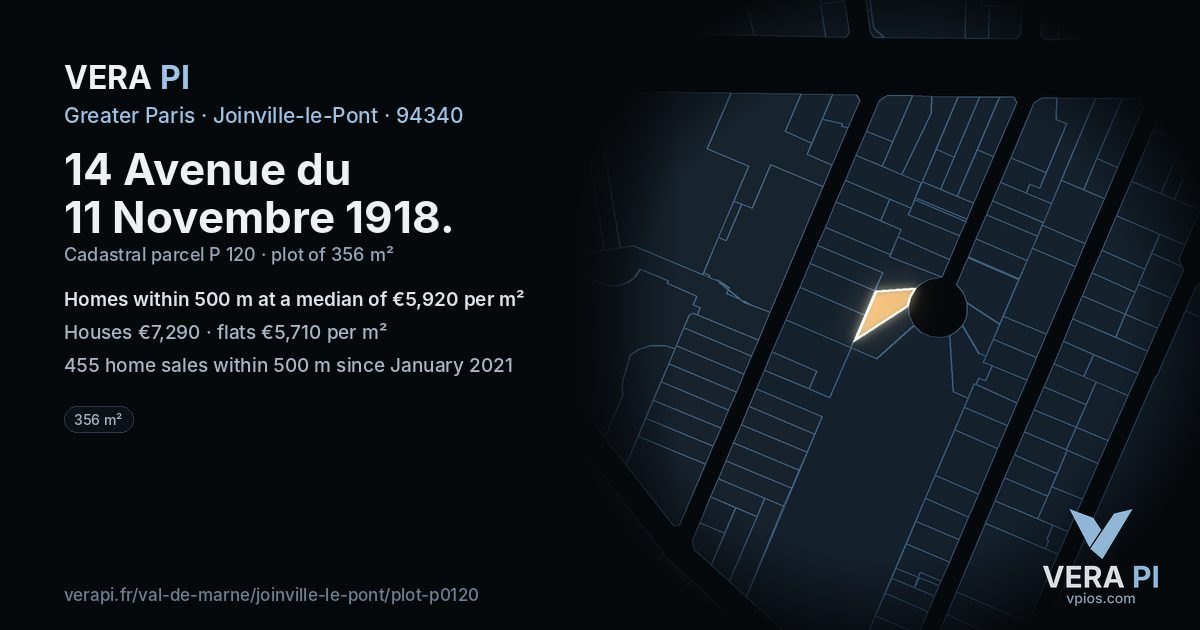 14 Avenue du 11 Novembre 1918, Joinville-le-Pont at night – the plot lit, the parcels around coloured by the prices near them