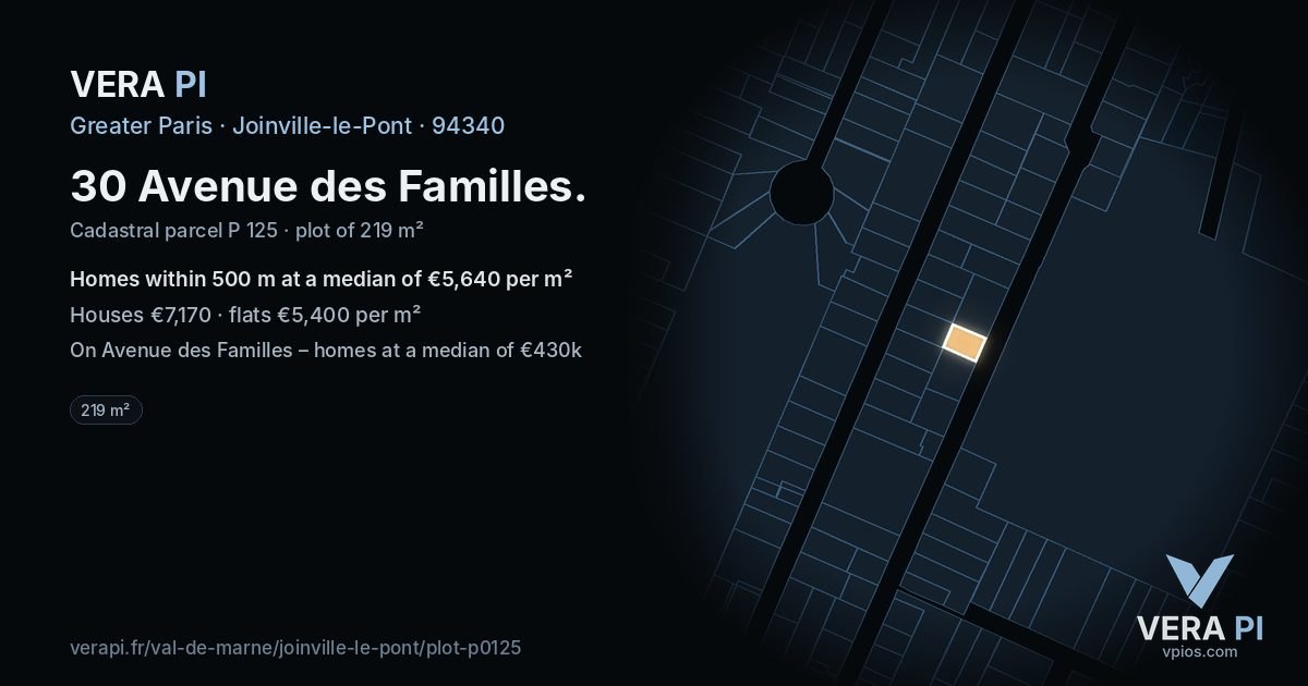 30 Avenue des Familles, Joinville-le-Pont at night – the plot lit, the parcels around coloured by the prices near them