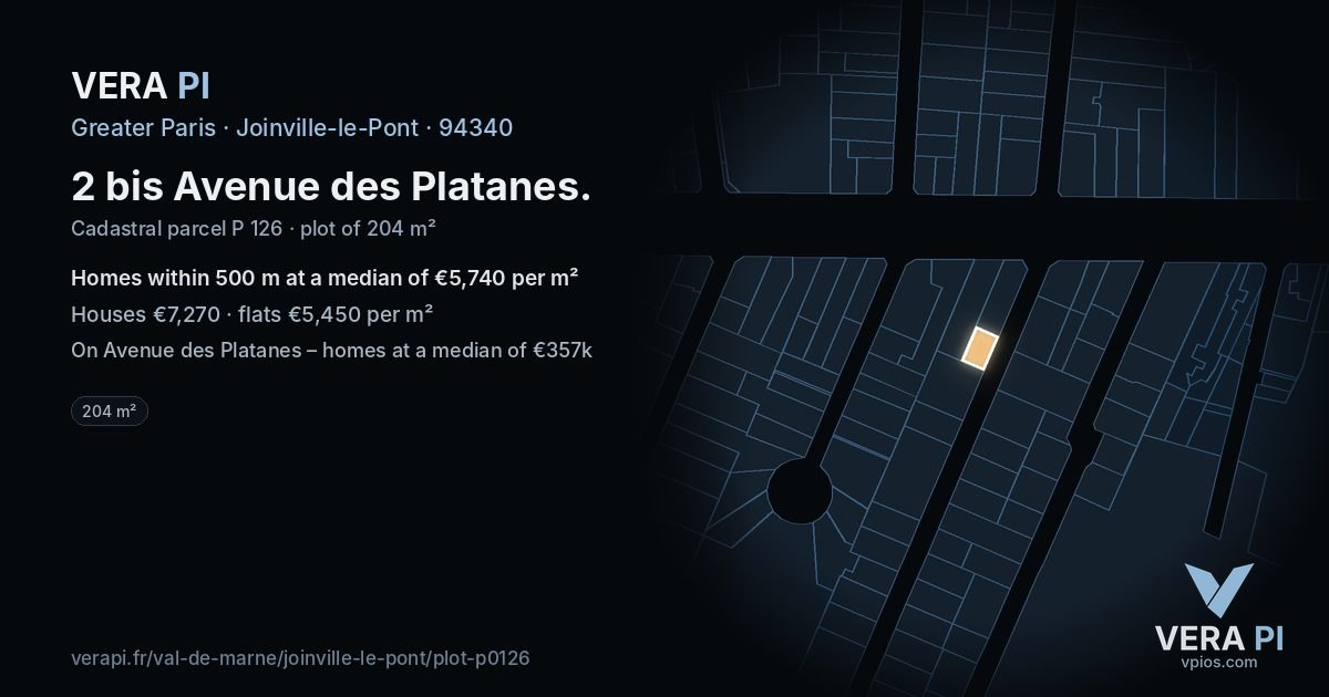 2 bis Avenue des Platanes, Joinville-le-Pont at night – the plot lit, the parcels around coloured by the prices near them