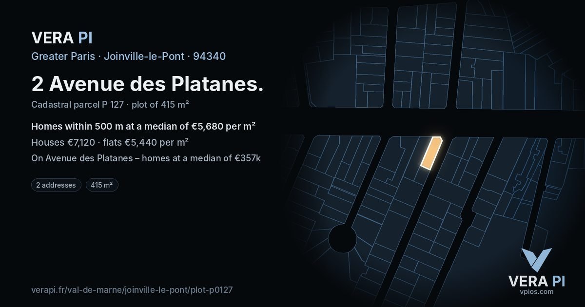 2 Avenue des Platanes, Joinville-le-Pont at night – the plot lit, the parcels around coloured by the prices near them