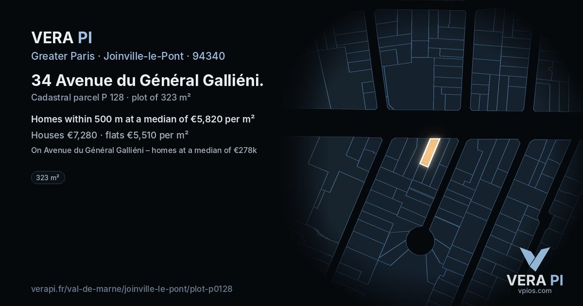 34 Avenue du Général Galliéni, Joinville-le-Pont at night – the plot lit, the parcels around coloured by the prices near them