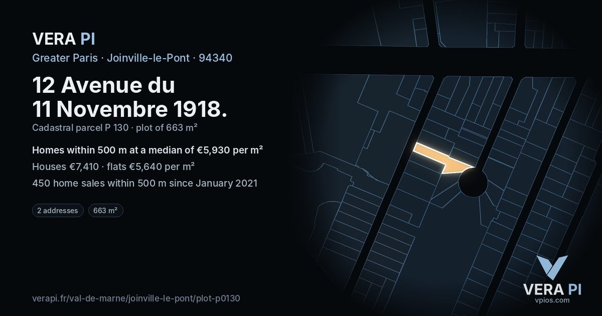 12 Avenue du 11 Novembre 1918, Joinville-le-Pont at night – the plot lit, the parcels around coloured by the prices near them