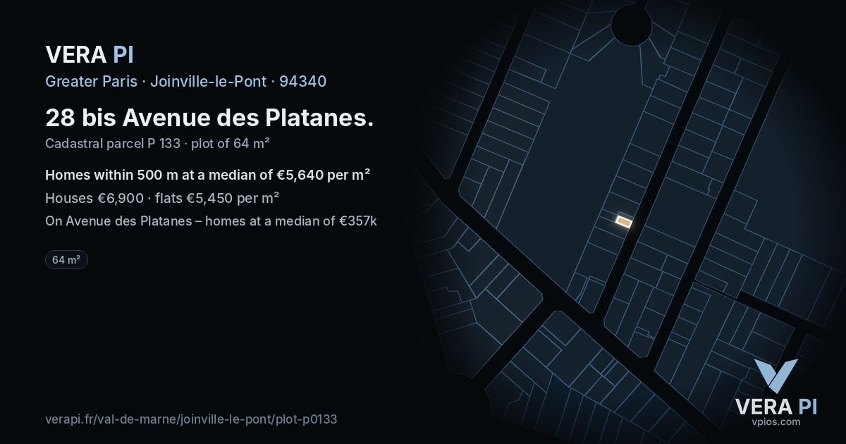 28 bis Avenue des Platanes, Joinville-le-Pont at night – the plot lit, the parcels around coloured by the prices near them