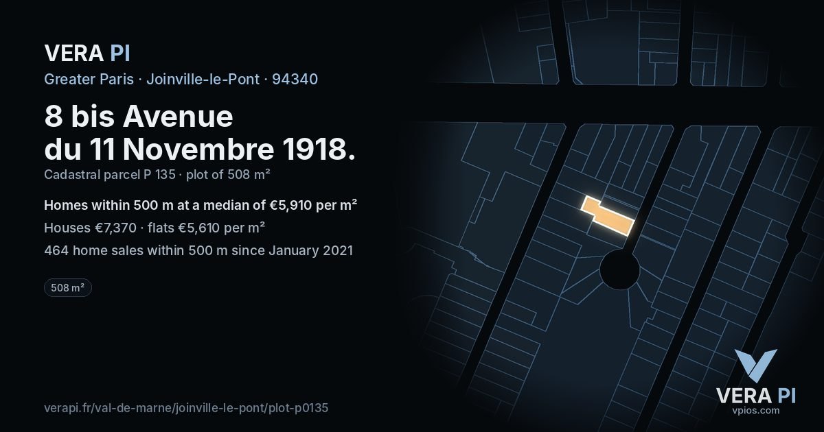 8 bis Avenue du 11 Novembre 1918, Joinville-le-Pont at night – the plot lit, the parcels around coloured by the prices near them