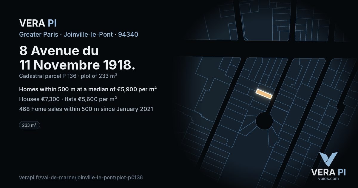 8 Avenue du 11 Novembre 1918, Joinville-le-Pont at night – the plot lit, the parcels around coloured by the prices near them