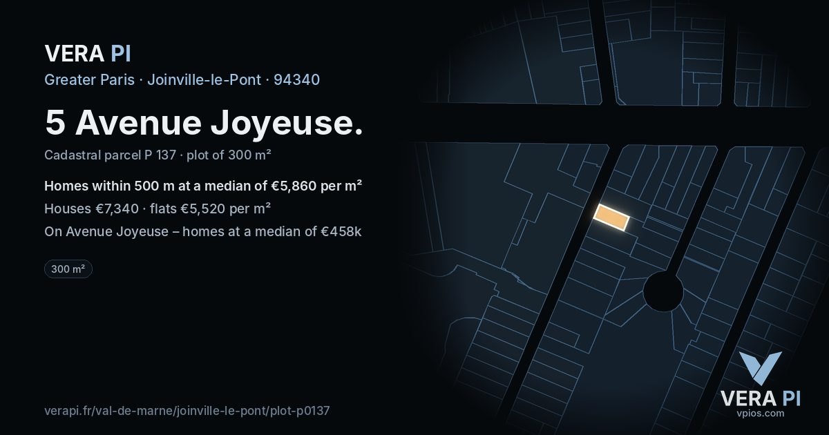 5 Avenue Joyeuse, Joinville-le-Pont at night – the plot lit, the parcels around coloured by the prices near them