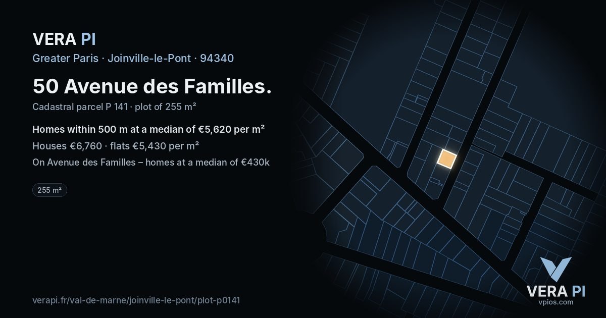 50 Avenue des Familles, Joinville-le-Pont at night – the plot lit, the parcels around coloured by the prices near them