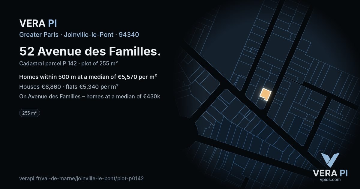 52 Avenue des Familles, Joinville-le-Pont at night – the plot lit, the parcels around coloured by the prices near them