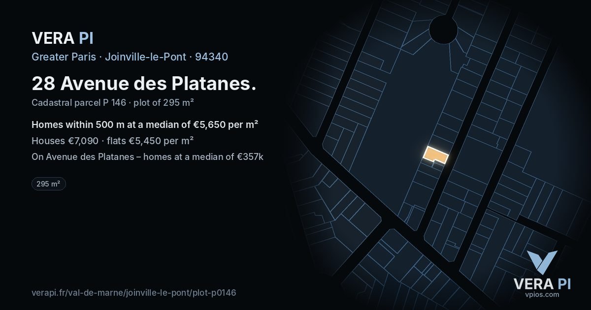 28 Avenue des Platanes, Joinville-le-Pont at night – the plot lit, the parcels around coloured by the prices near them