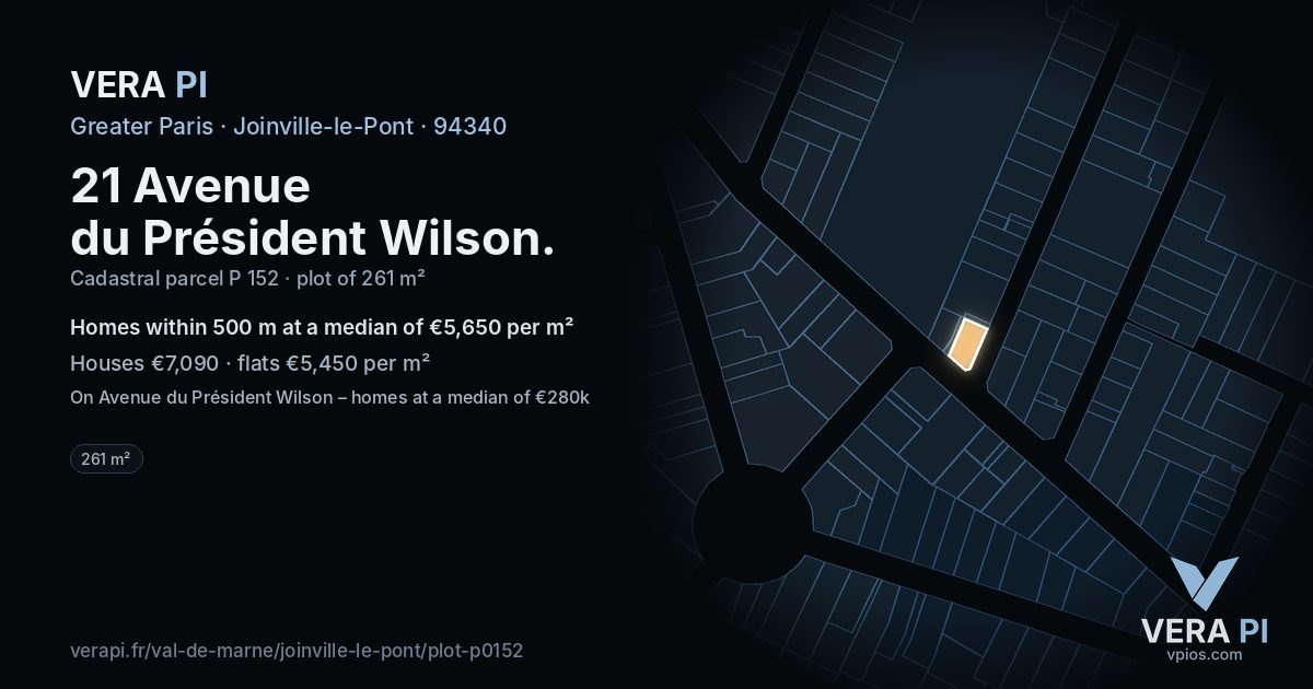 21 Avenue du Président Wilson, Joinville-le-Pont at night – the plot lit, the parcels around coloured by the prices near them