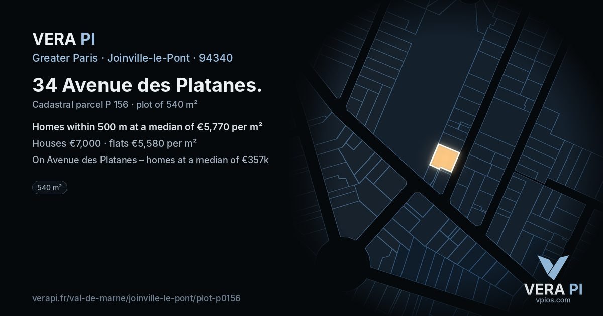 34 Avenue des Platanes, Joinville-le-Pont at night – the plot lit, the parcels around coloured by the prices near them