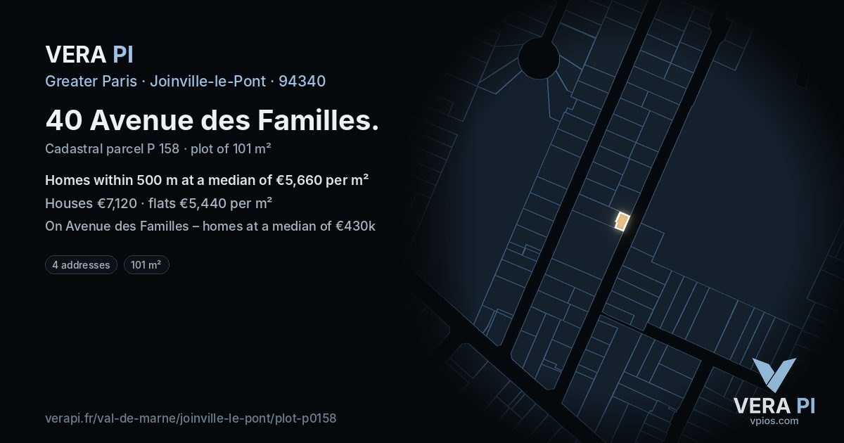 40 Avenue des Familles, Joinville-le-Pont at night – the plot lit, the parcels around coloured by the prices near them